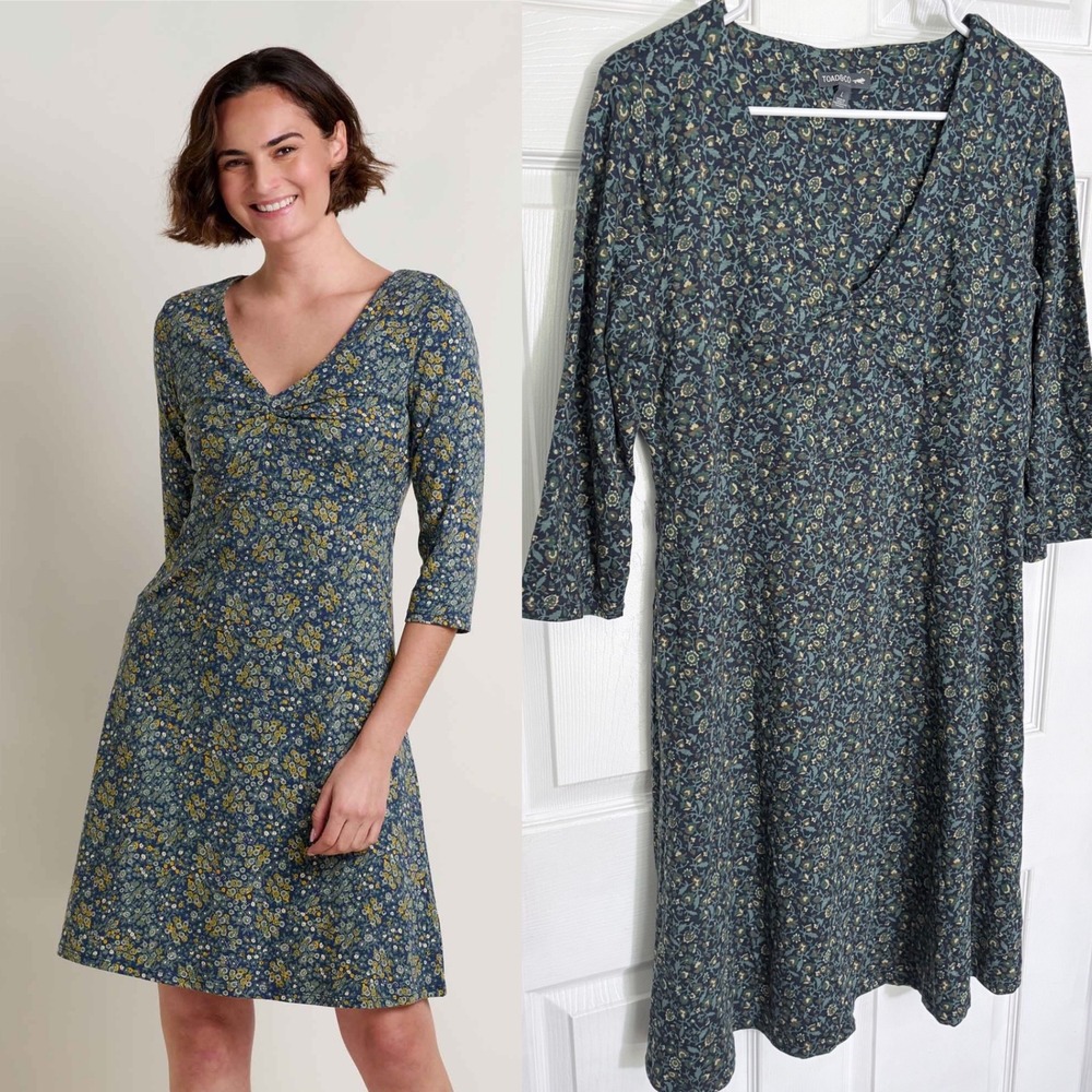 Toad&Co Rosalinda Dress L Green Floral Tencel Organic Cotton V-Neck A-Line
